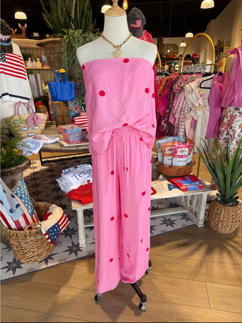 Pink Polka Dot pants and strapless top size large by Entro